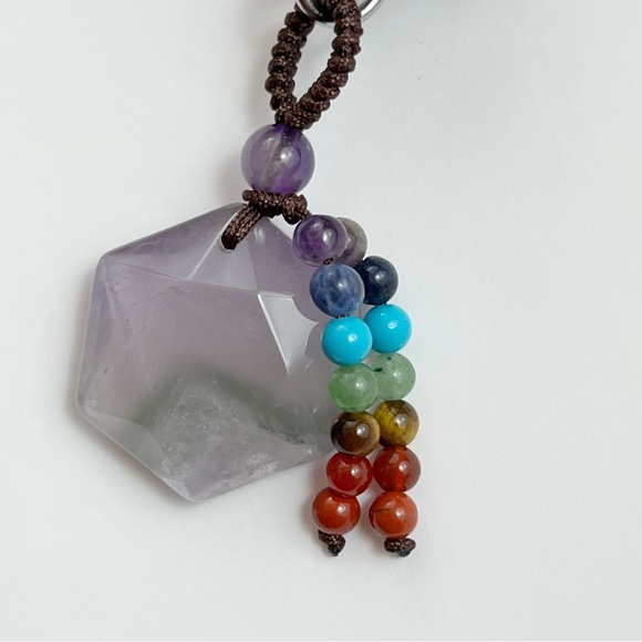 Natural Amethyst Hexagon Stone with Rainbow Chakra Keychain Charm - Picture 12 of 16